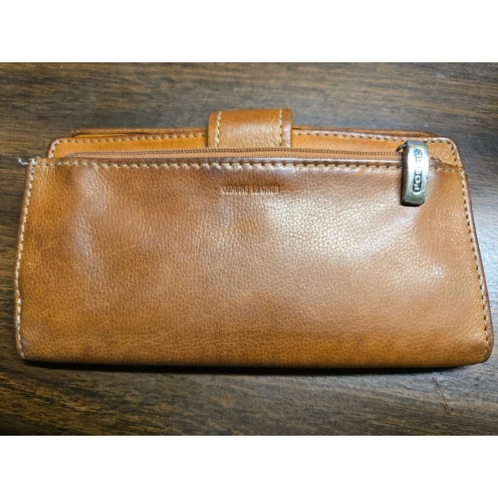 Vintage Fossil Brown Leather Trifold Checkbook Wallet Clutch Pen Loop Y2K